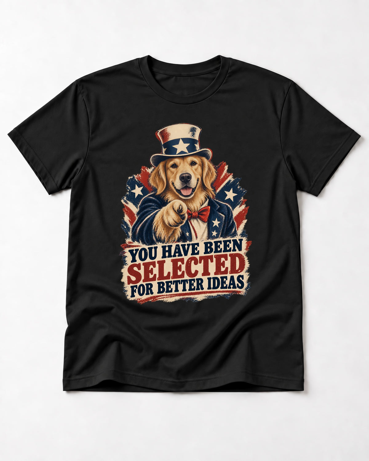 You Have Been Selected for Better Ideas Uncle Sam Golden Retriever Graphic T-Shirt in Black, flat lay product photo