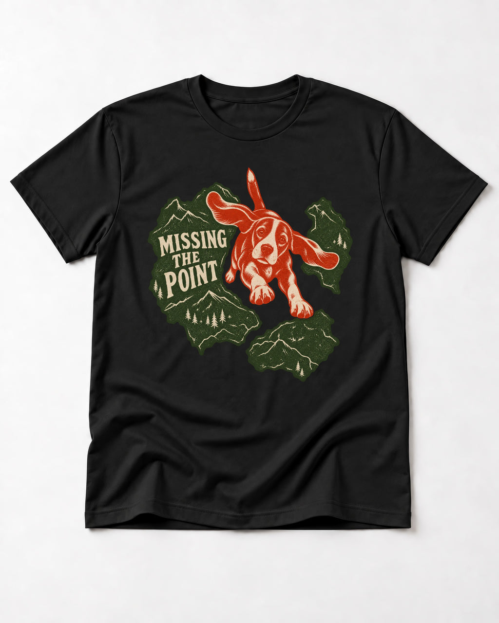 Missing The Point Beagle Trail T-Shirt in Black, flat lay product photo