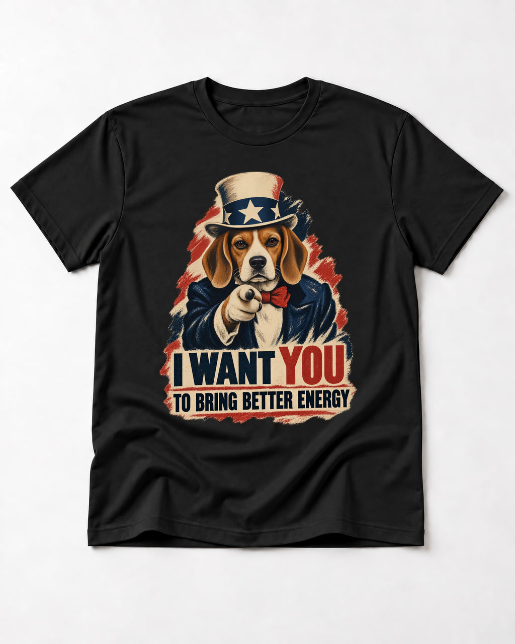 Bring Better Energy Beagle Uncle Sam T-Shirt in Black, flat lay product photo