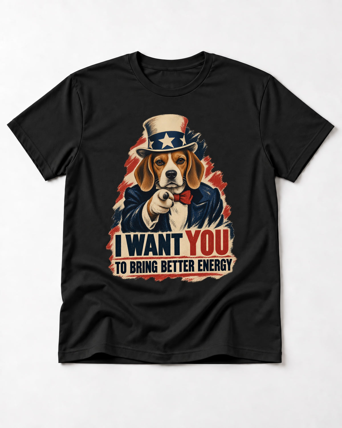 Bring Better Energy Beagle Uncle Sam T-Shirt in Black, flat lay product photo