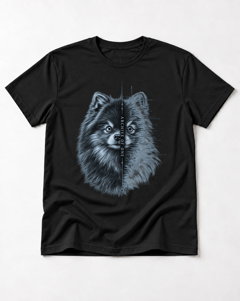 Pomeranian Archive of One Split Portrait Graphic T-Shirt in Black, flat lay product photo