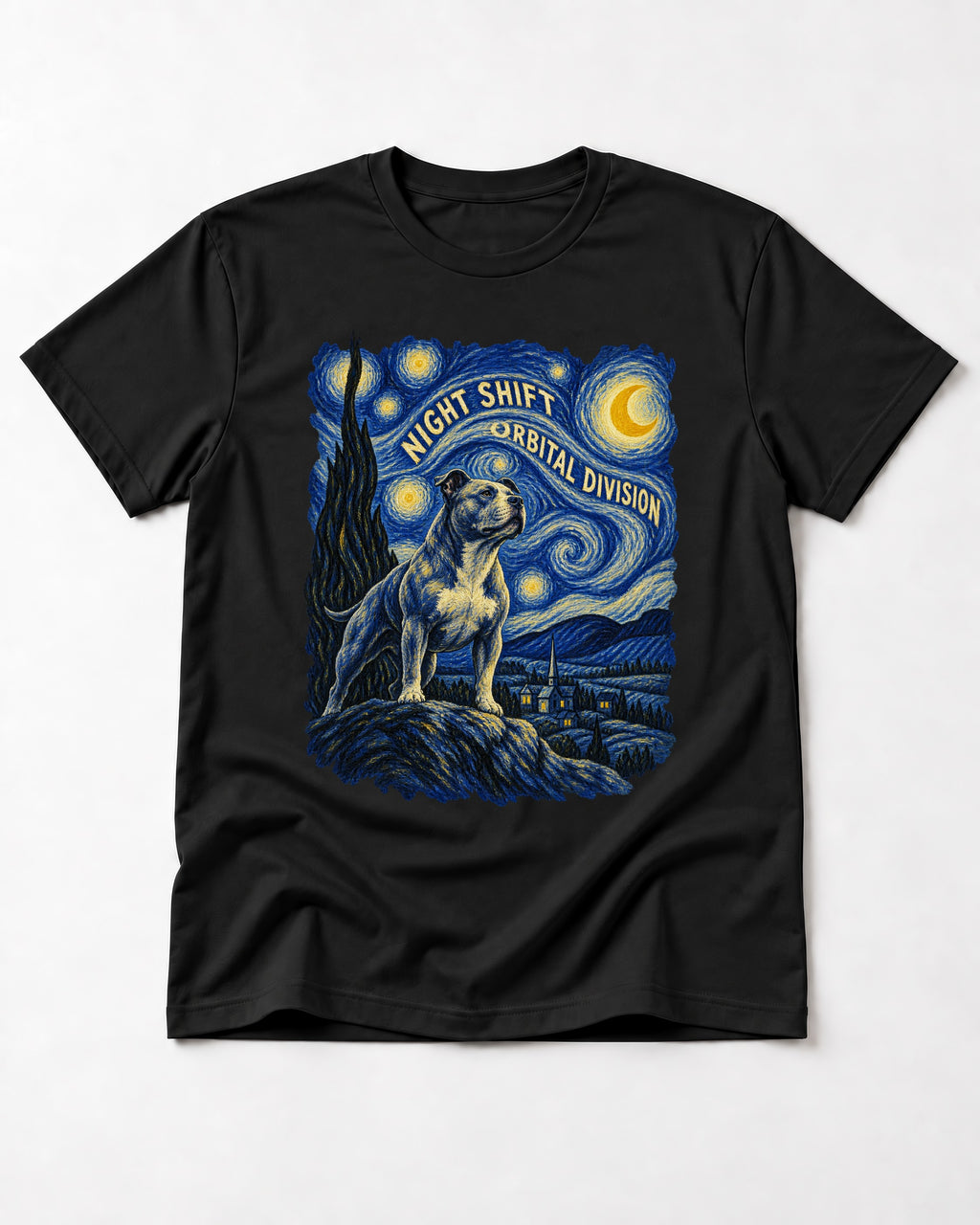 Pitbull Night Shift Orbital Division Starry Night Graphic T-Shirt in Black, flat lay product photo