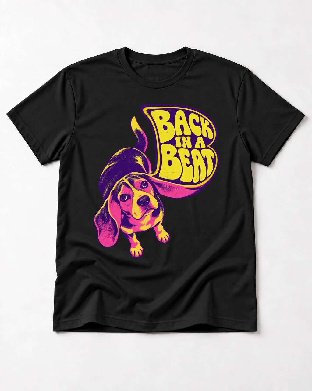 Groovy Beagle Back In A Beat T-Shirt in Black, flat lay product photo