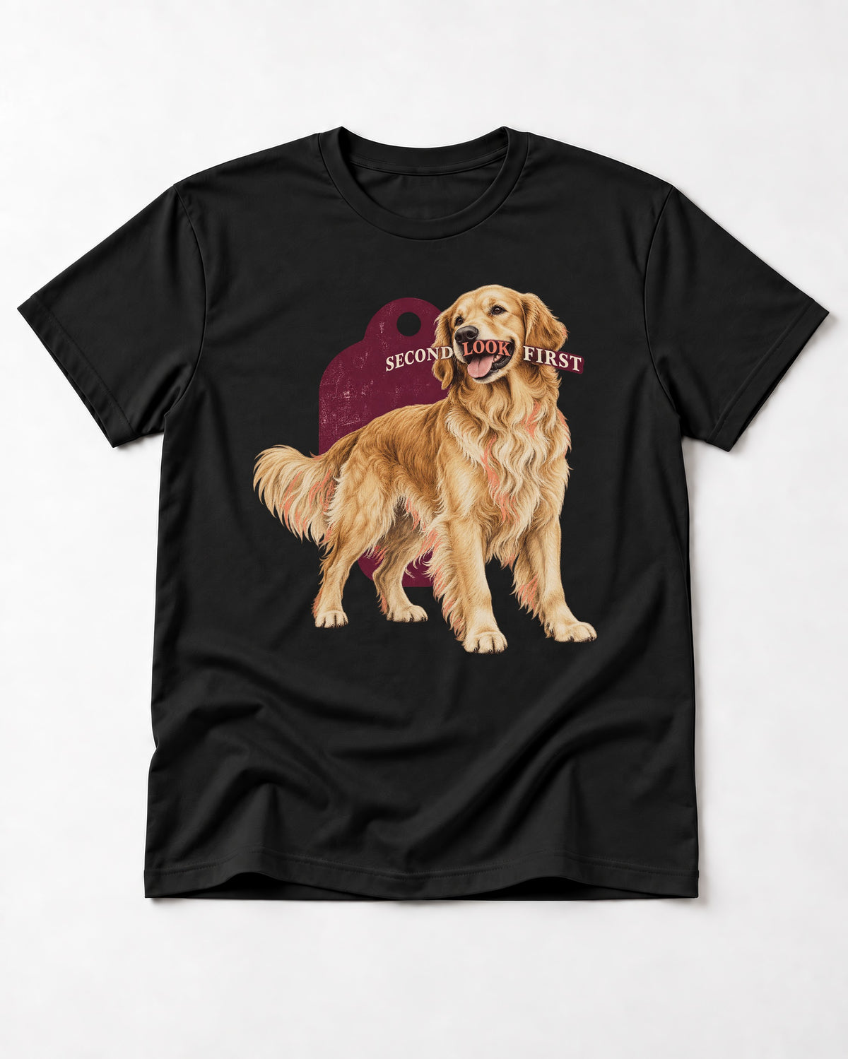 Golden Retriever Second Look First Tag Portrait Graphic T-Shirt in Black, flat lay product photo