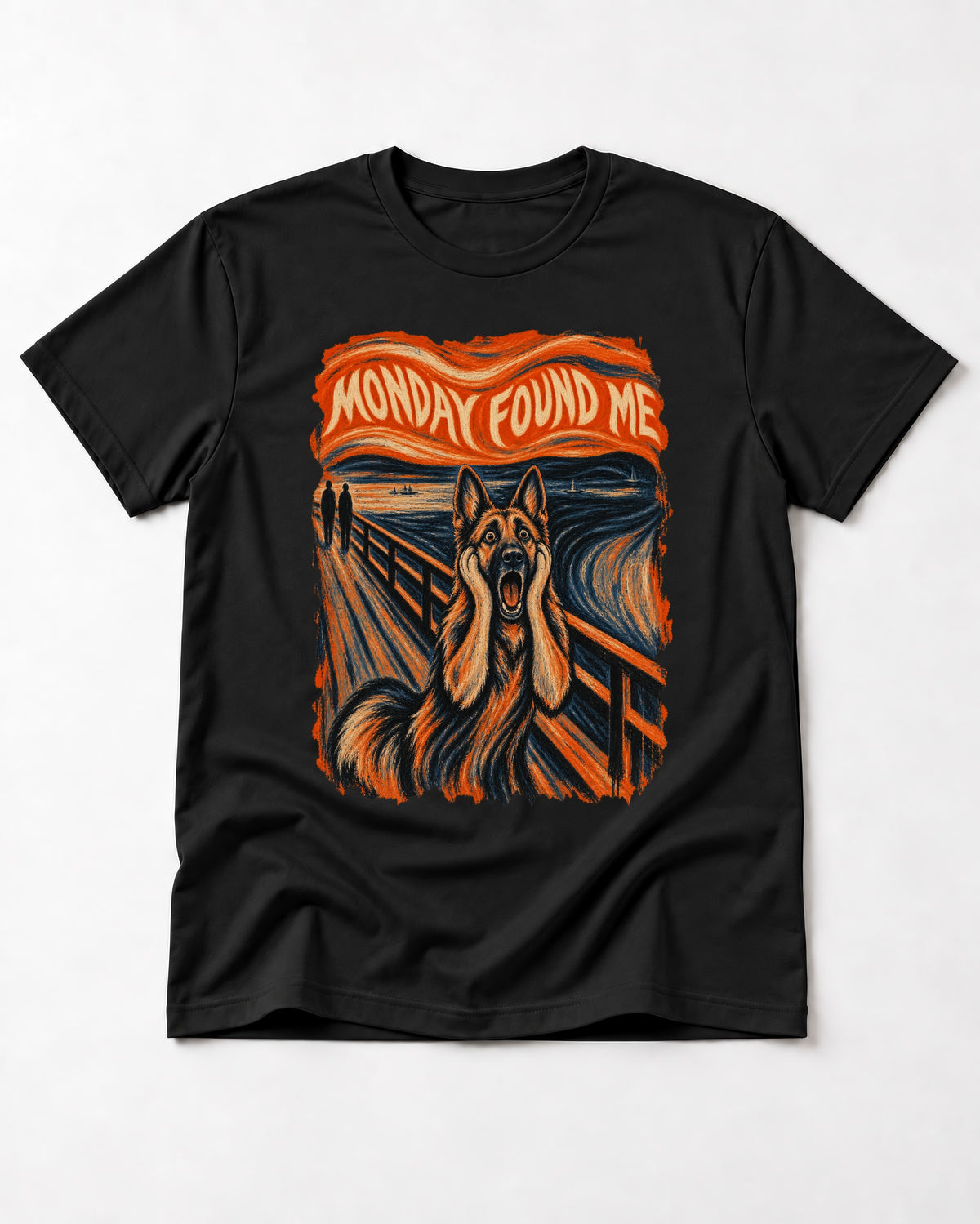 German Shepherd Dog Monday Found Me Scream Graphic T-Shirt in Black, flat lay product photo