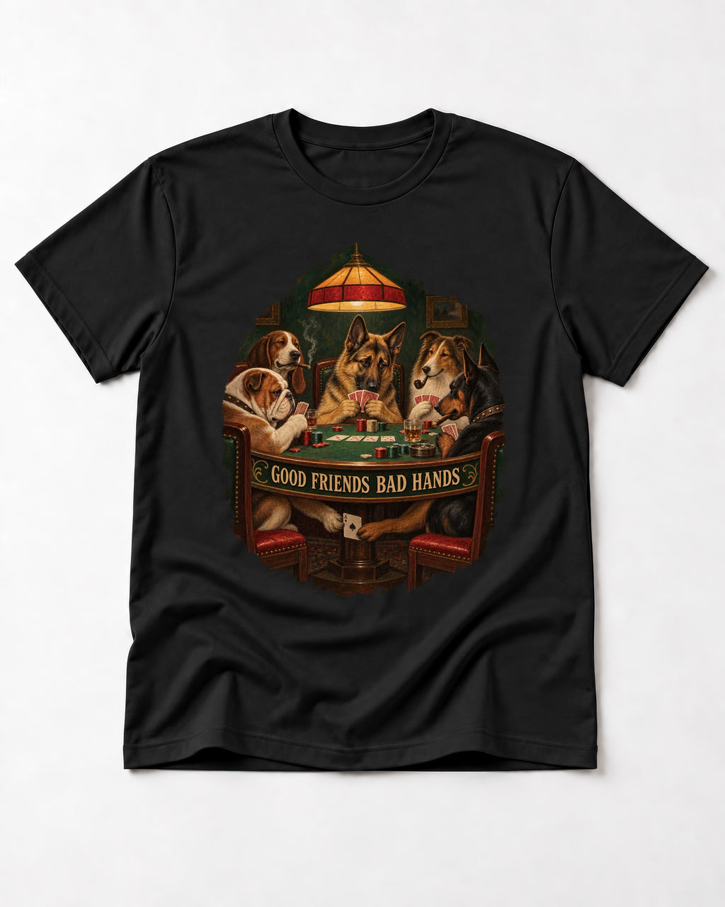 German Shepherd Dog Good Friends Bad Hands Poker Graphic T-Shirt in Black, flat lay product photo