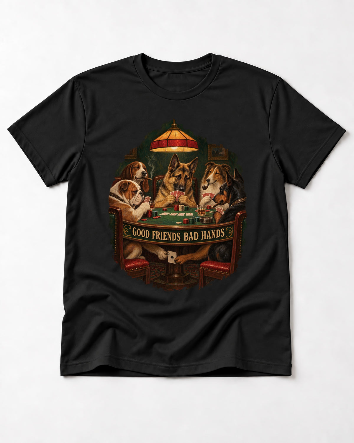 German Shepherd Dog Good Friends Bad Hands Poker Graphic T-Shirt in Black, flat lay product photo