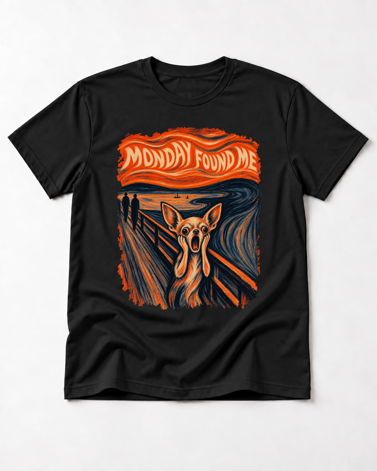 Monday Found Me Chihuahua Scream Banner T-Shirt in Black, flat lay product photo