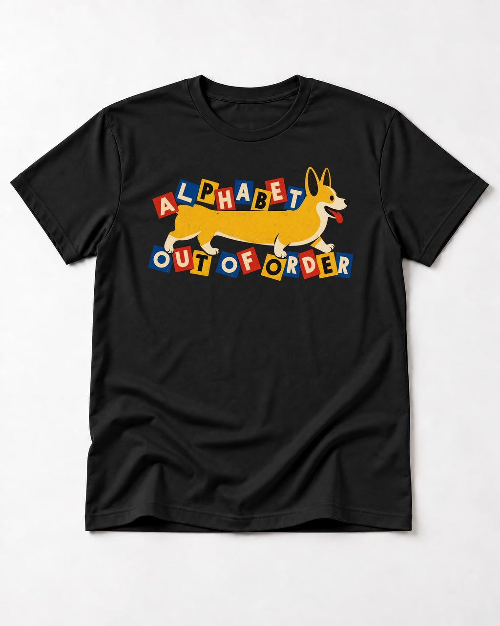 Corgi Alphabet Out of Order Graphic T-Shirt in Black, flat lay product photo