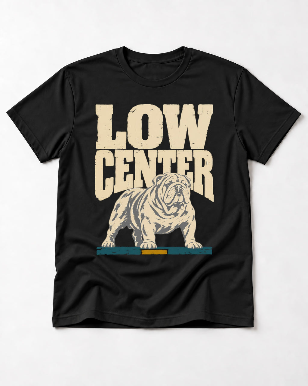 English Bulldog Low Center Stance Graphic T-Shirt in Black, flat lay product photo