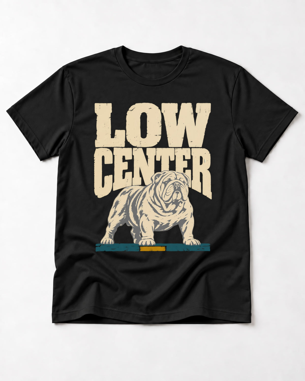 English Bulldog Low Center Stance Graphic T-Shirt in Black, flat lay product photo