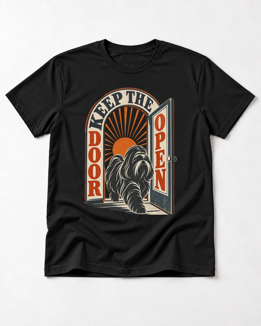 Shih Tzu Keep the Door Open Retro Doorway Graphic T-Shirt in Black, flat lay product photo