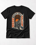 Shih Tzu Keep the Door Open Retro Doorway Graphic T-Shirt in Black, flat lay product photo