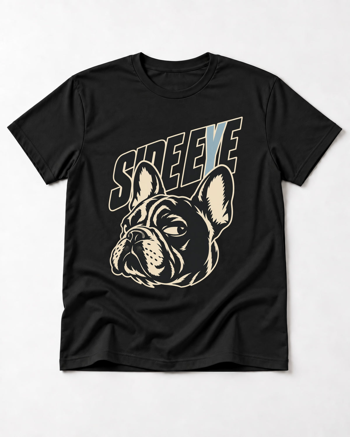 Frenchie Side Eye Portrait Graphic T-Shirt in Black, flat lay product photo