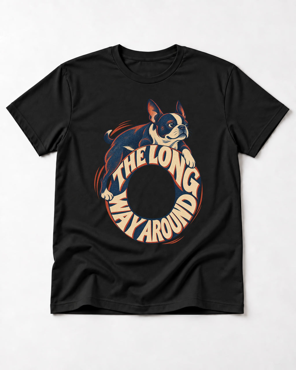 Boston Terrier the Long Way Around T-Shirt in Black, flat lay product photo