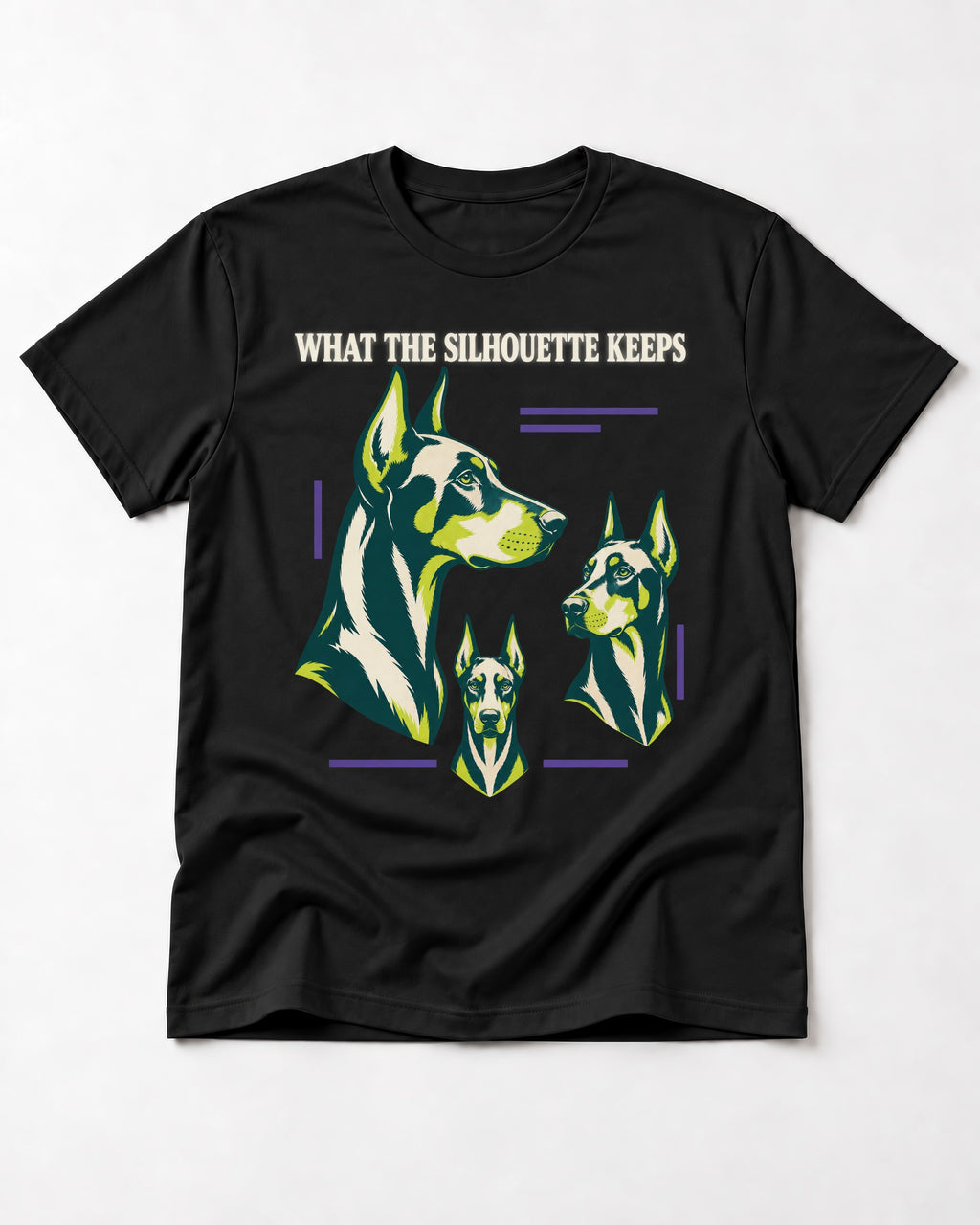 Doberman What the Silhouette Keeps Three Portrait Graphic T-Shirt in Black, flat lay product photo