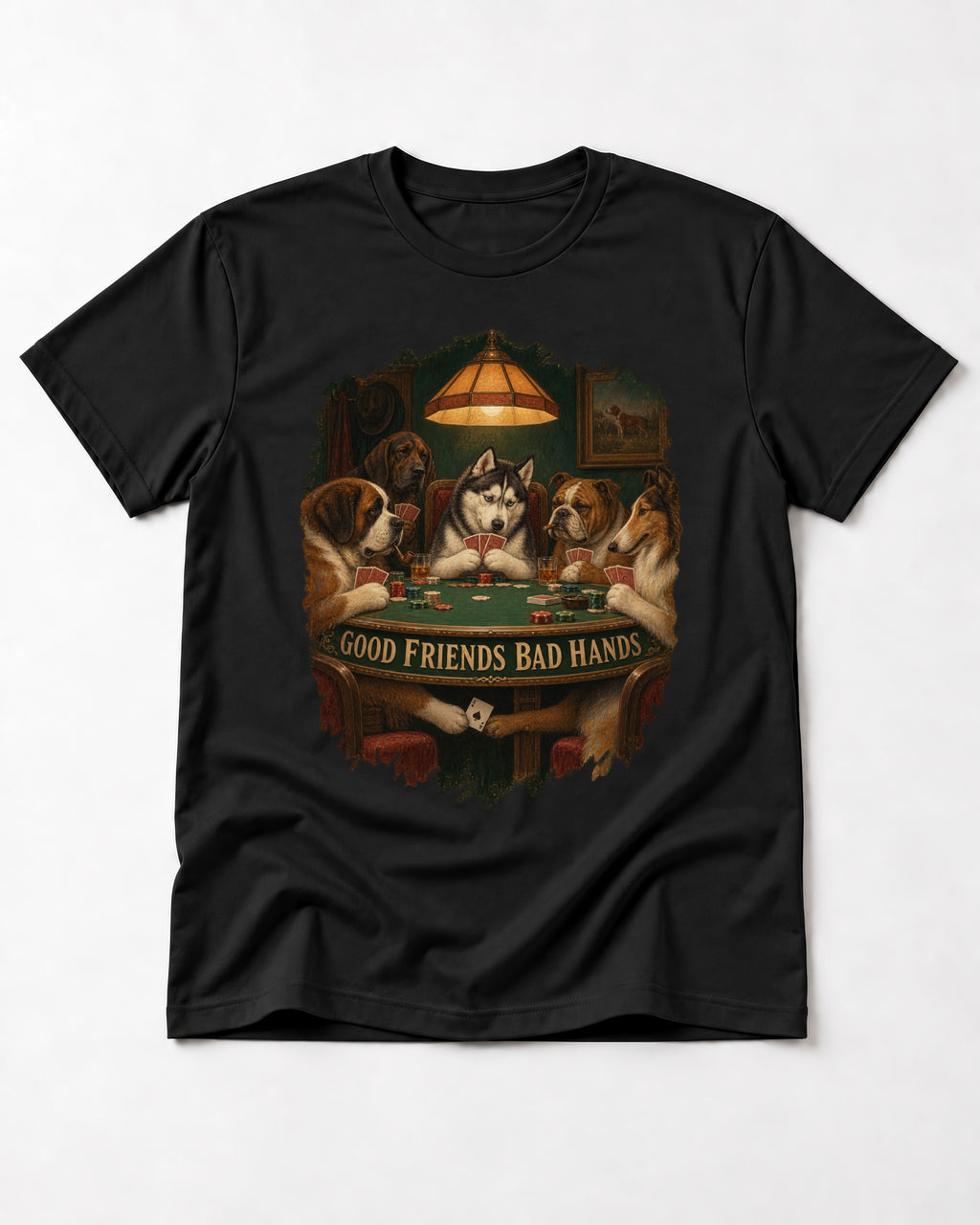 Husky Good Friends Bad Hands Poker Night Graphic T-Shirt in Black, flat lay product photo