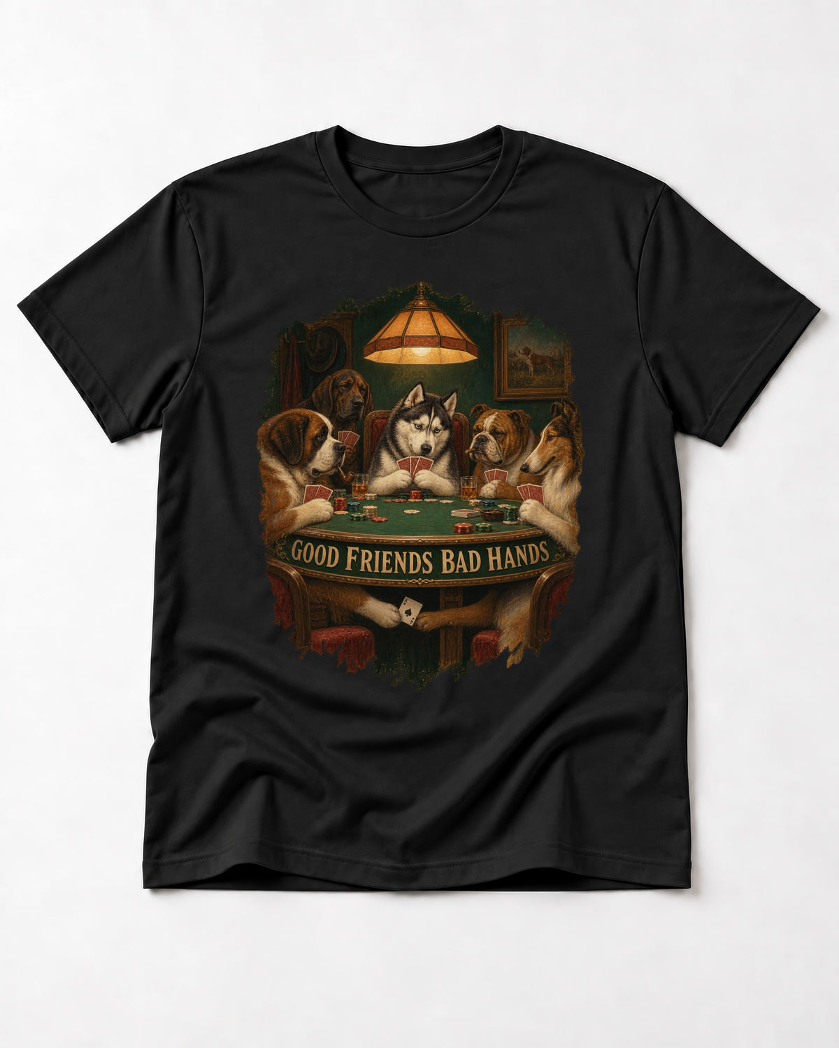 Husky Good Friends Bad Hands Poker Night Graphic T-Shirt in Black, flat lay product photo