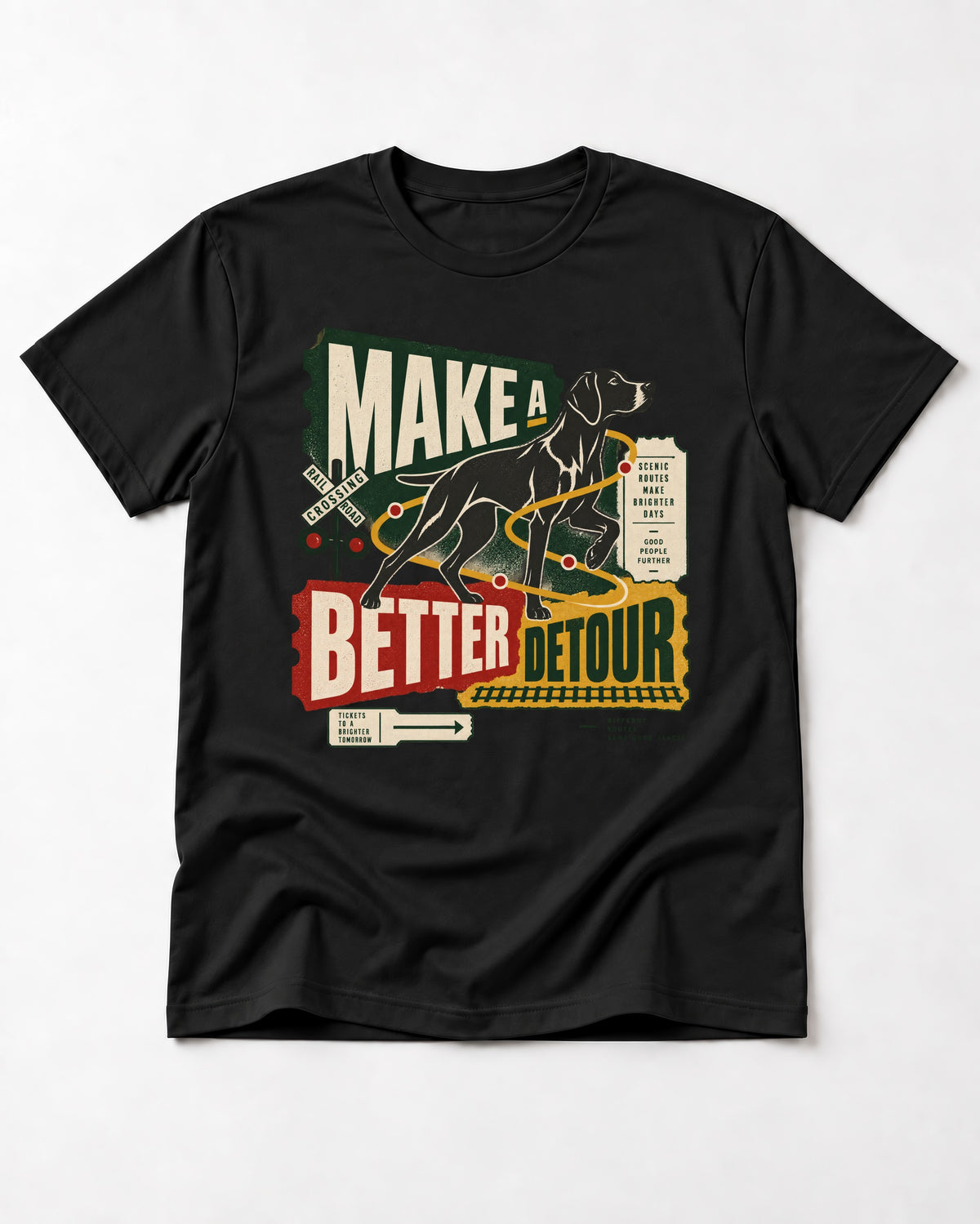 German Shorthaired Pointer Make a Better Detour Railroad Graphic T-Shirt in Black, flat lay product photo