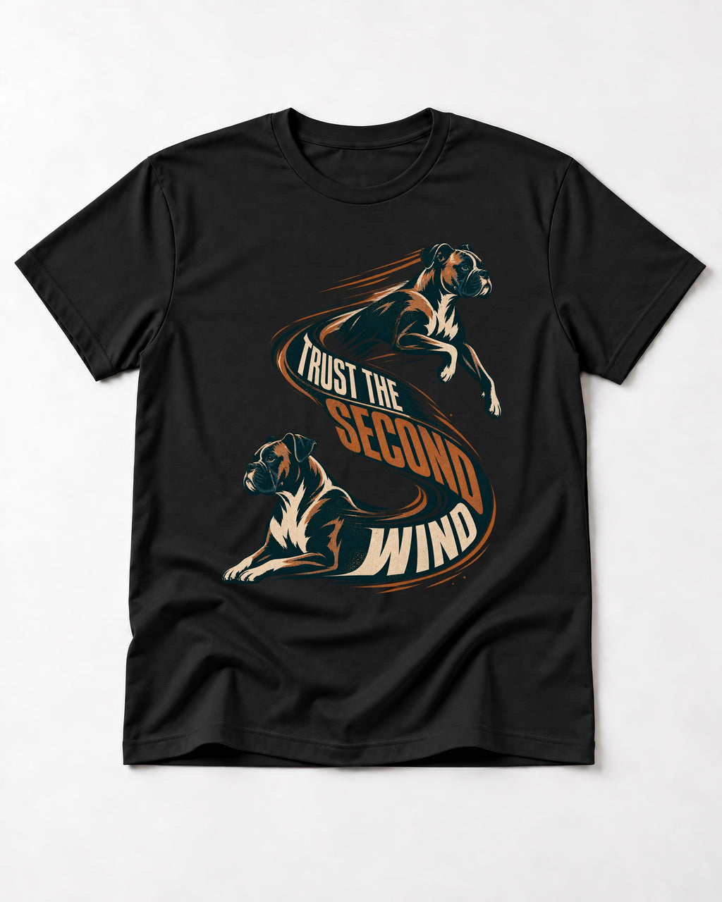 Trust the Second Wind Boxer Motion Graphic T-Shirt in Black, flat lay product photo