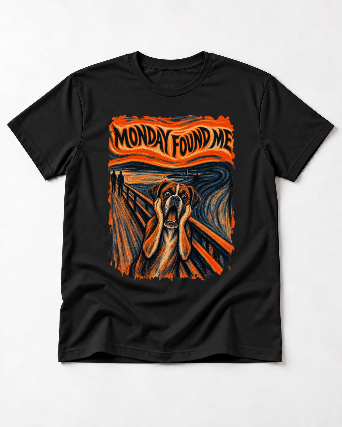 Monday Found Me Scream Boxer T-Shirt in Black, flat lay product photo