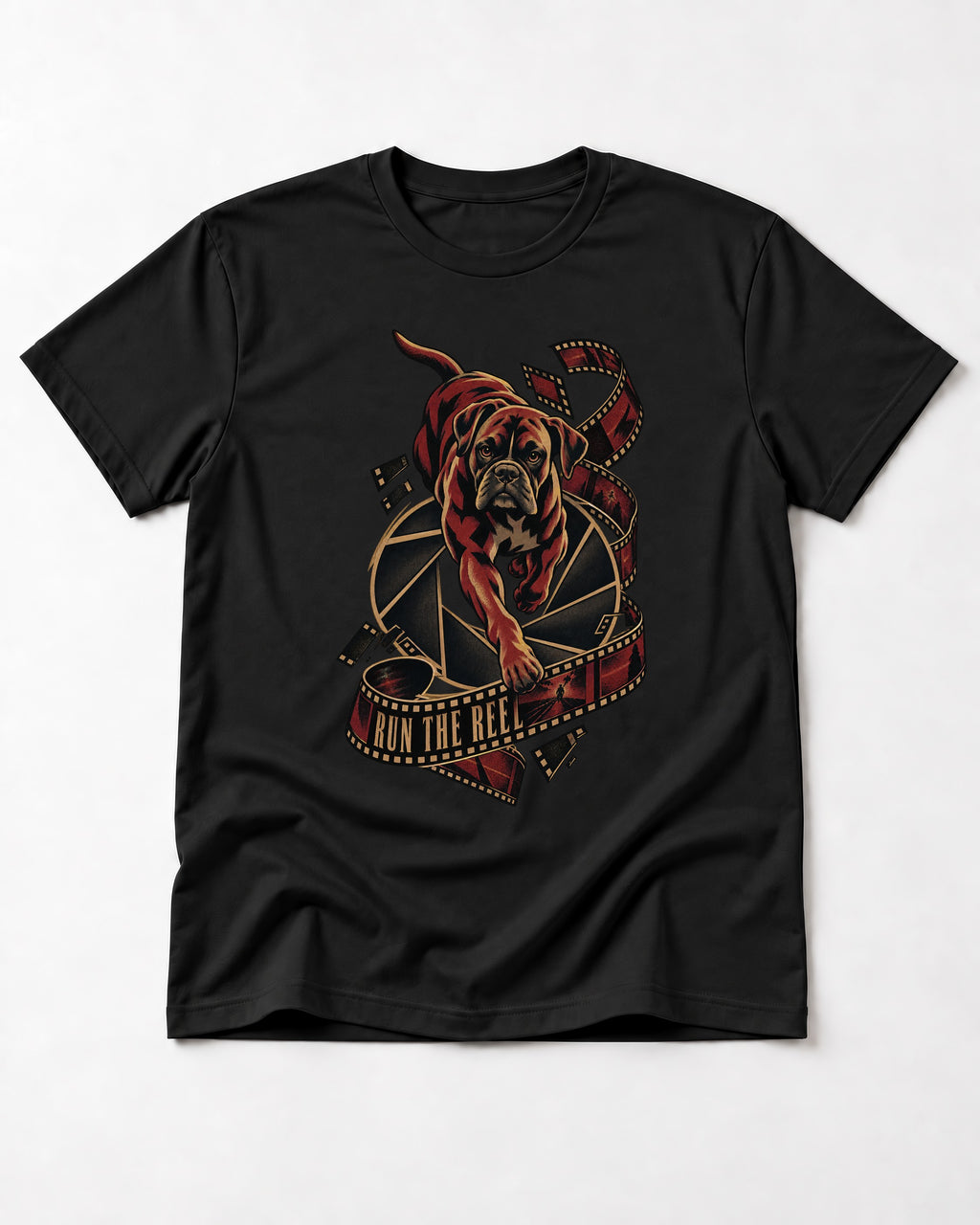 Run the Reel Boxer Film Graphic T-Shirt in Black, flat lay product photo