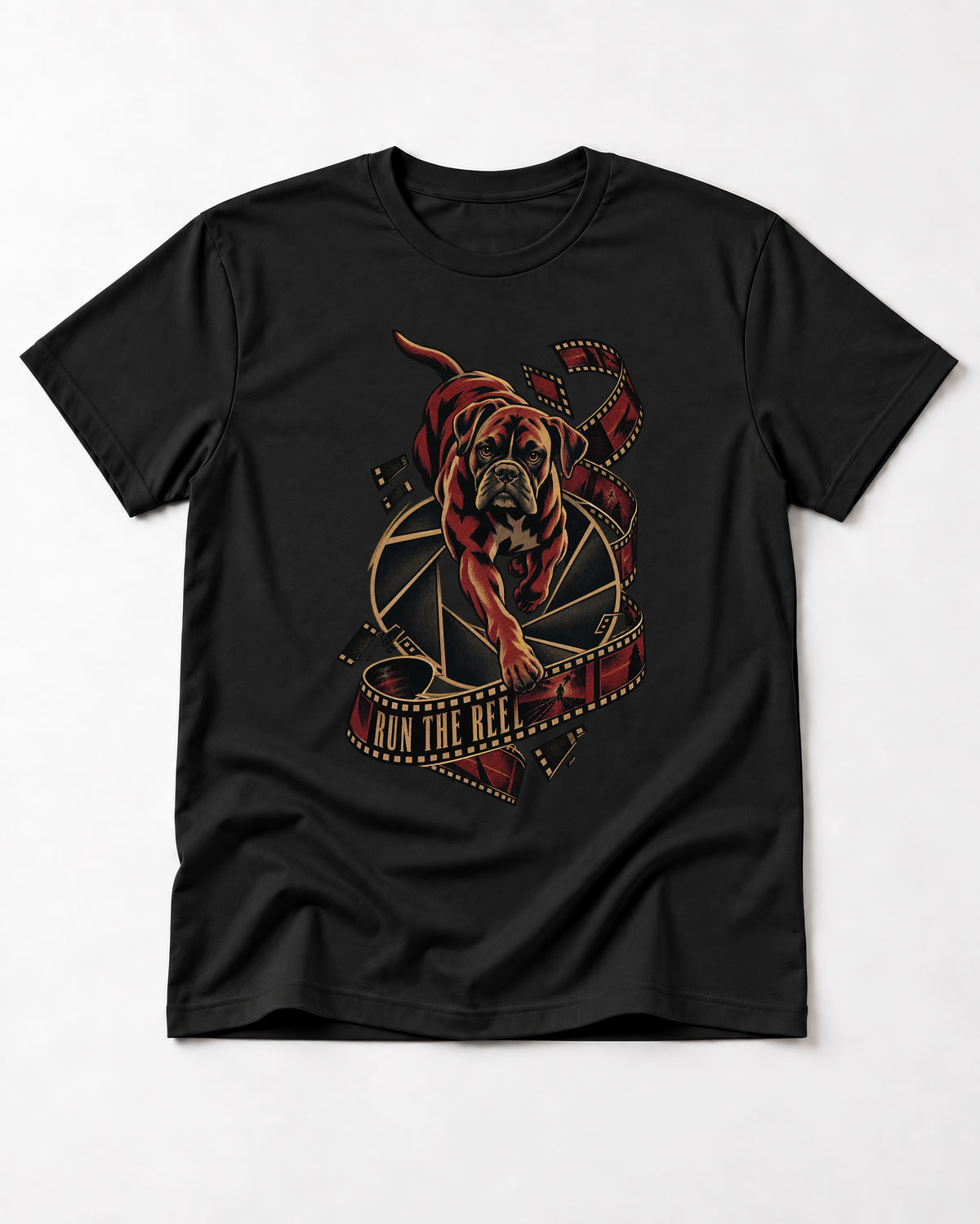 Run the Reel Boxer Film Graphic T-Shirt in Black, flat lay product photo