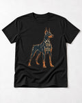 Doberman Stand in Style Suit Graphic T-Shirt in Black, flat lay product photo