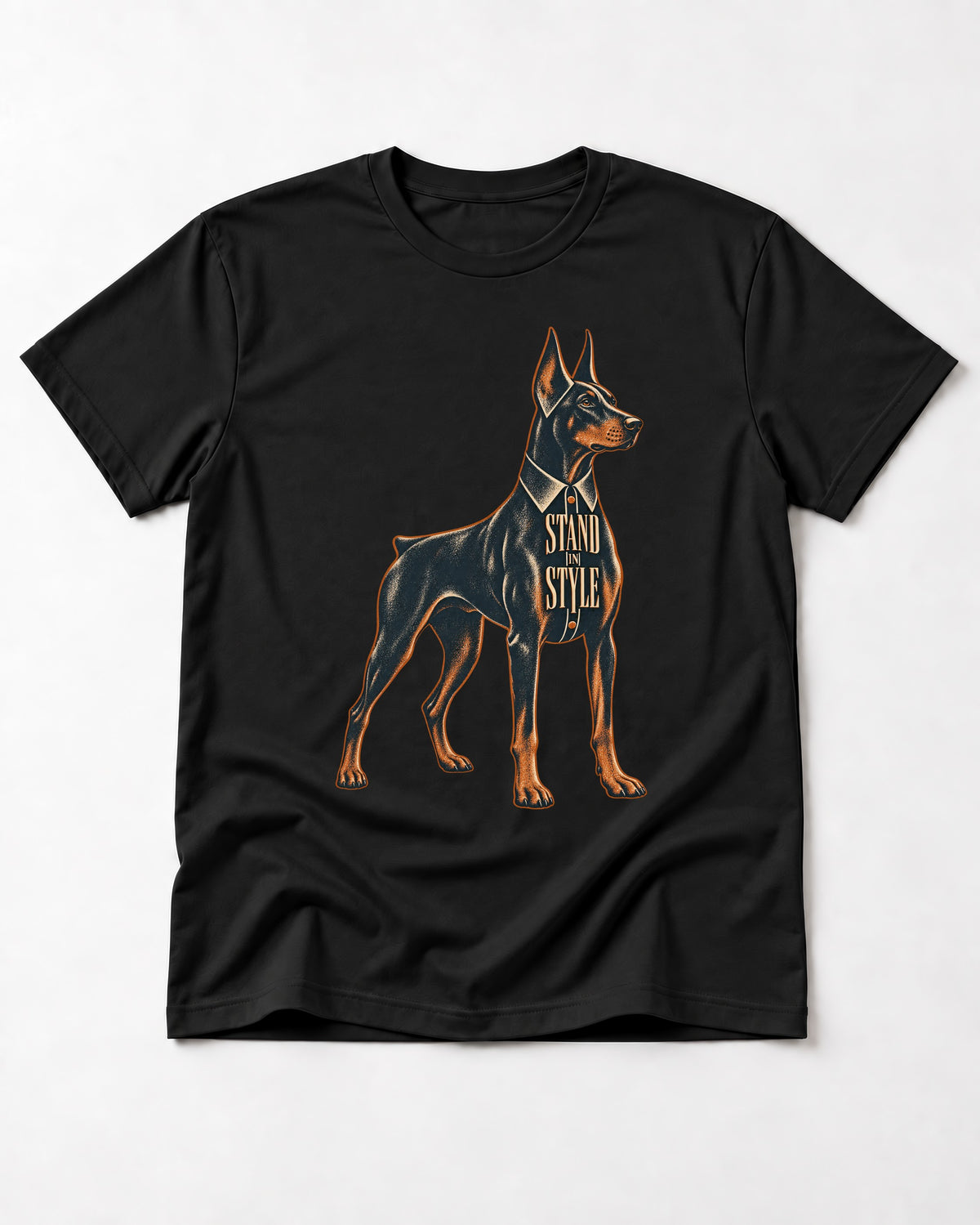 Doberman Stand in Style Suit Graphic T-Shirt in Black, flat lay product photo