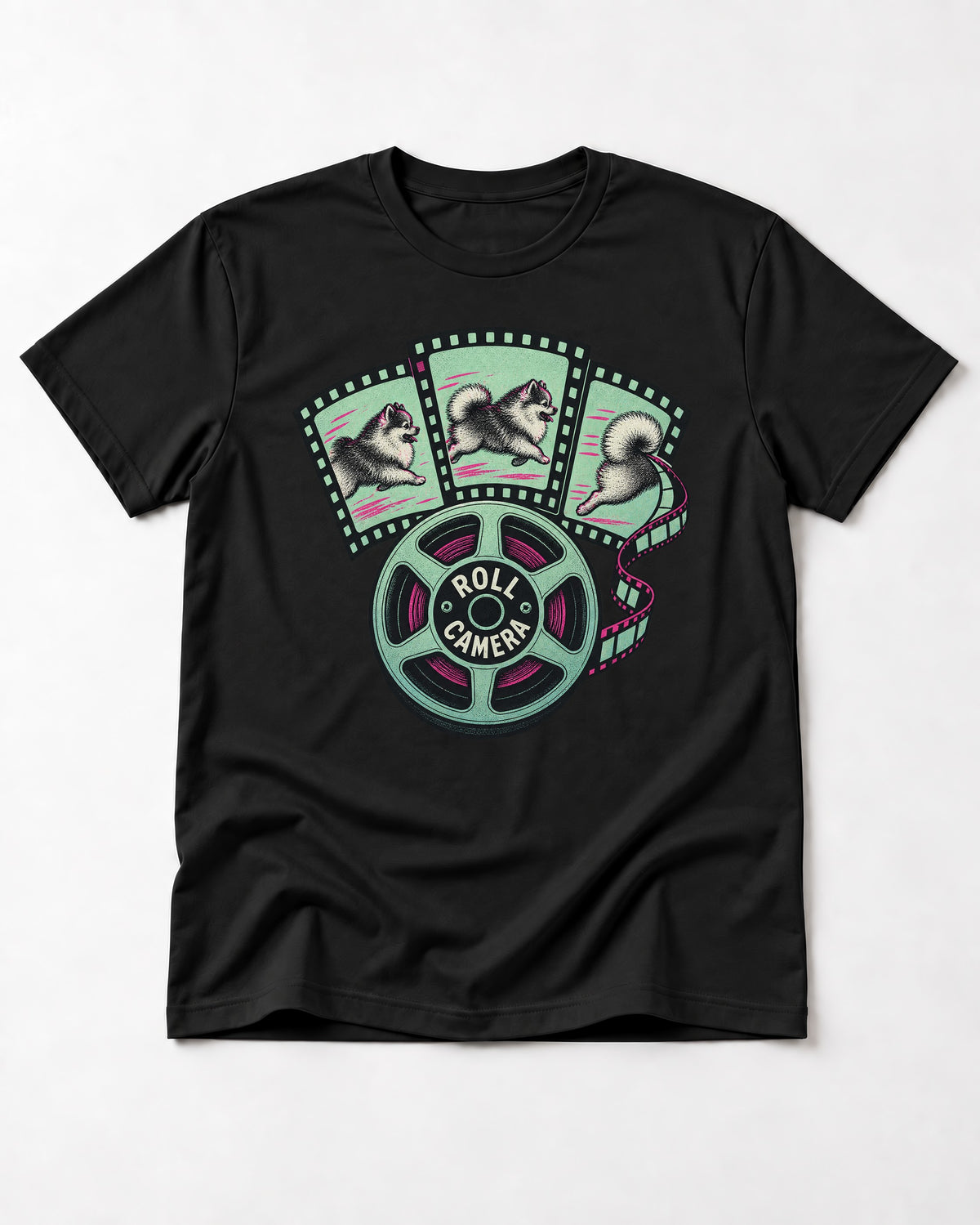 Pomeranian Roll Camera Film Reel Graphic T-Shirt in Black, flat lay product photo