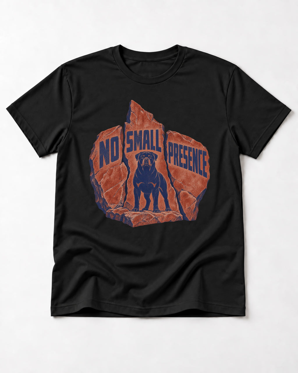 Rottweiler No Small Presence Monument Rock Graphic T-Shirt in Black, flat lay product photo