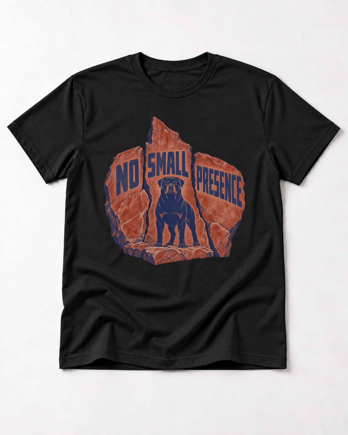Rottweiler No Small Presence Monument Rock Graphic T-Shirt in Black, flat lay product photo