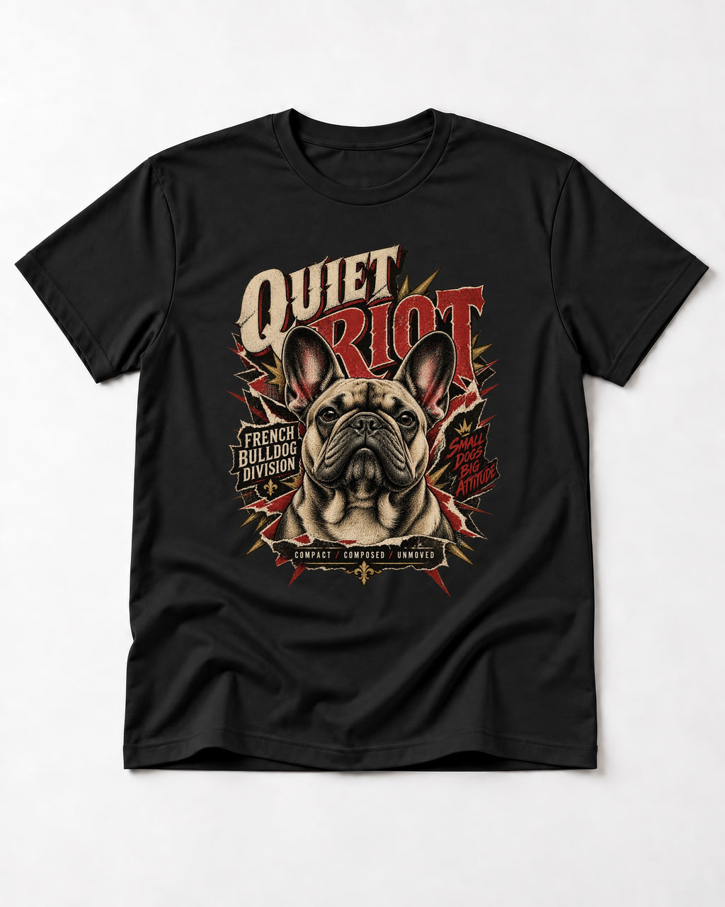 Frenchie Quiet Riot Division Emblem T-Shirt in Black, flat lay product photo