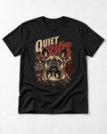 Frenchie Quiet Riot Division Emblem T-Shirt in Black, flat lay product photo