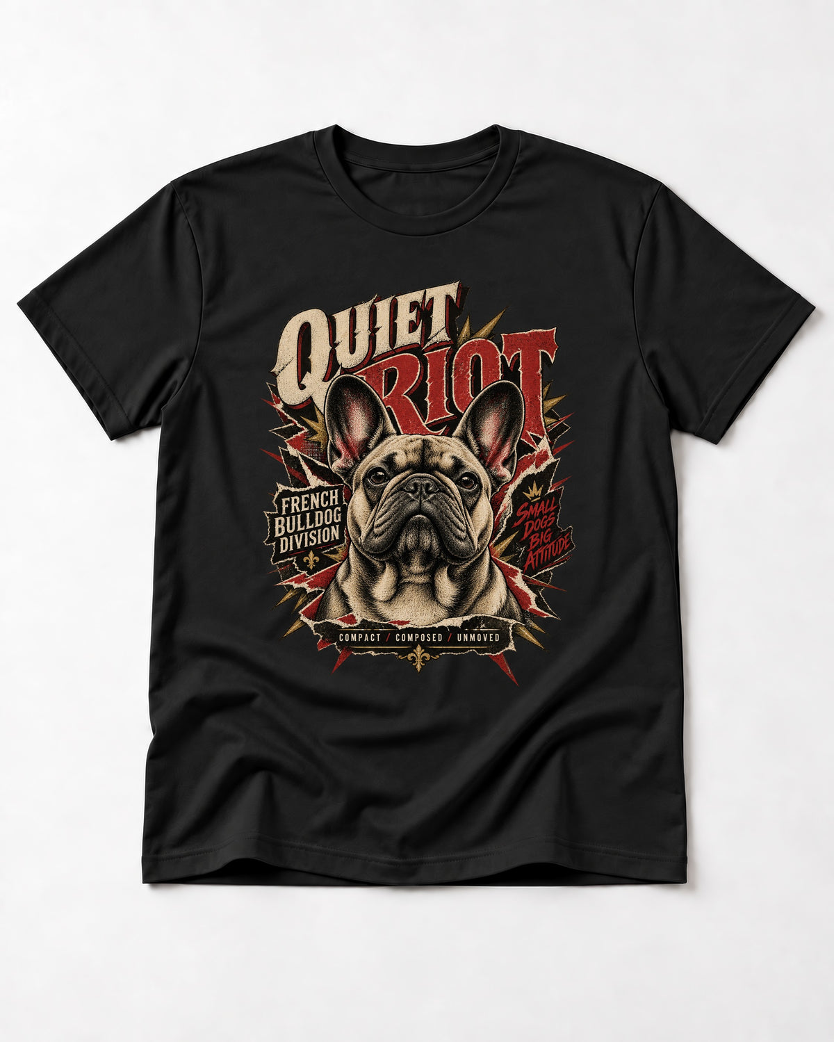 Frenchie Quiet Riot Division Emblem T-Shirt in Black, flat lay product photo