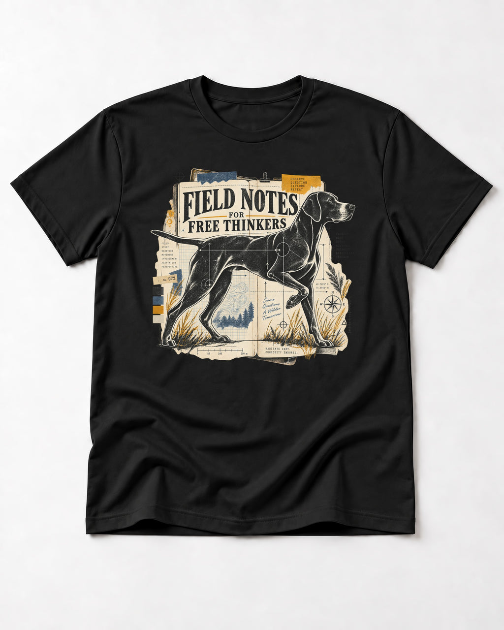 Field Notes for Free Thinkers Collage German Shorthaired Pointer Graphic T-Shirt in Black, flat lay product photo