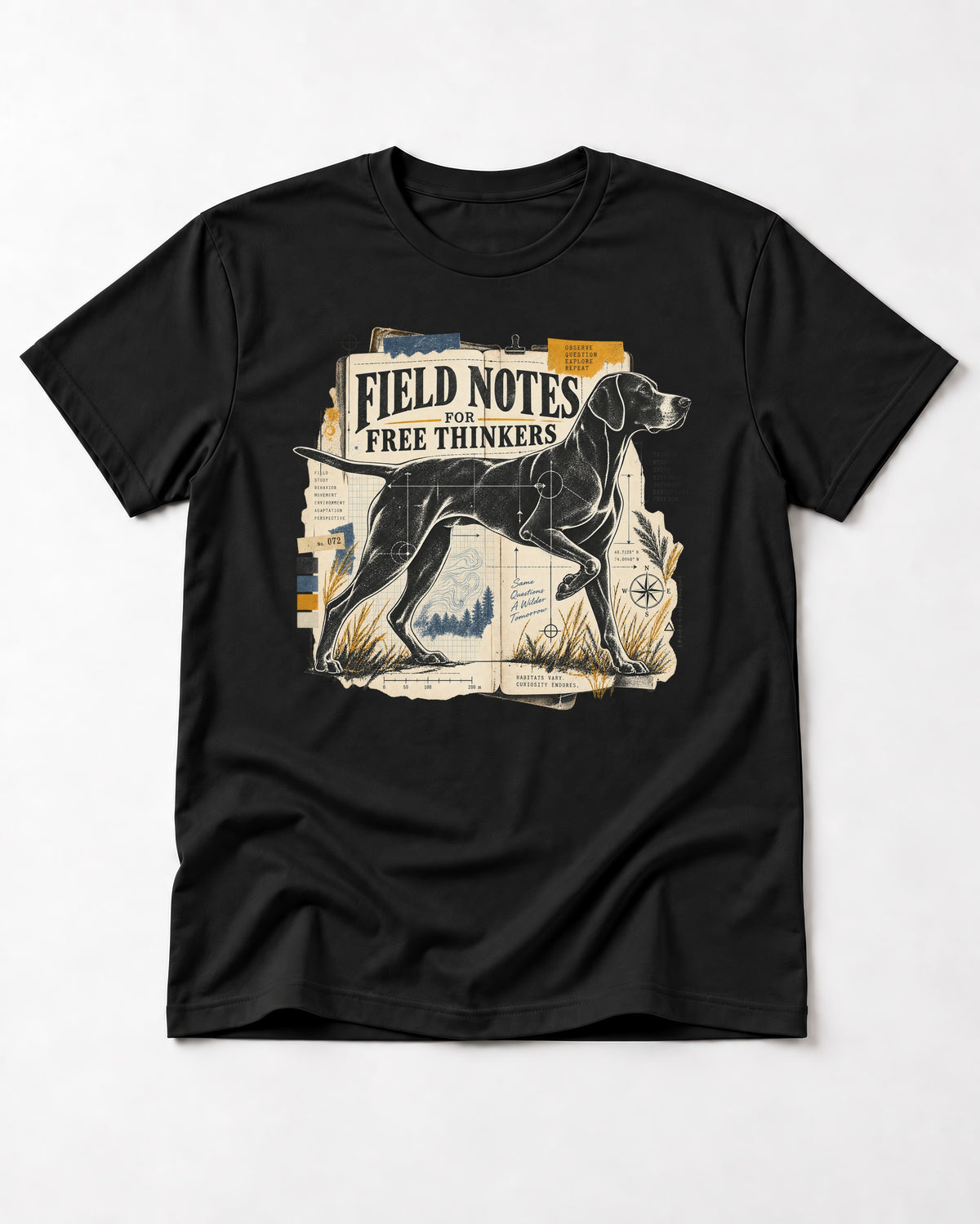 Field Notes for Free Thinkers Collage German Shorthaired Pointer Graphic T-Shirt in Black, flat lay product photo