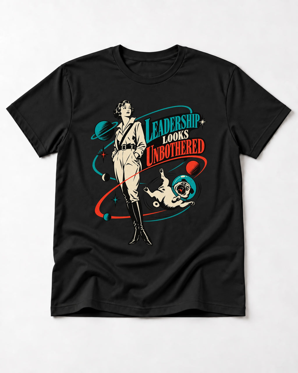 Pug Leadership Looks Unbothered Space Graphic T-Shirt in Black, flat lay product photo