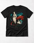 Pug Leadership Looks Unbothered Space Graphic T-Shirt in Black, flat lay product photo