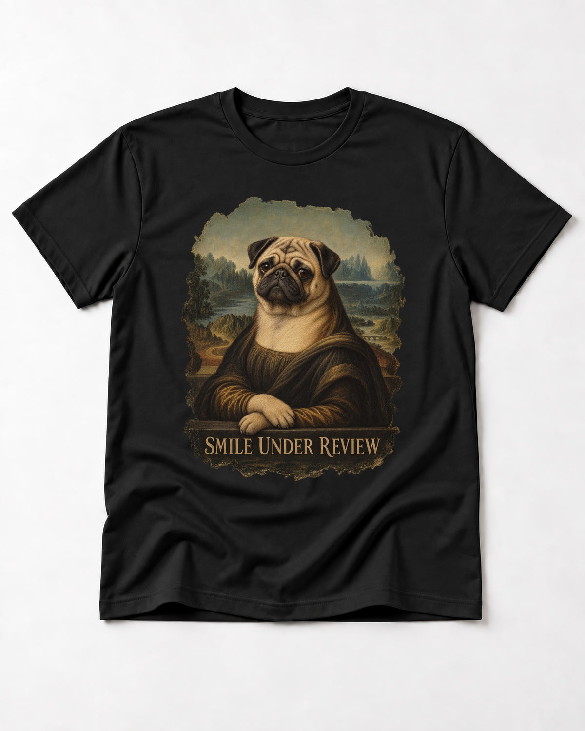 Pug Smile Under Review Mona Lisa Graphic T-Shirt in Black, flat lay product photo