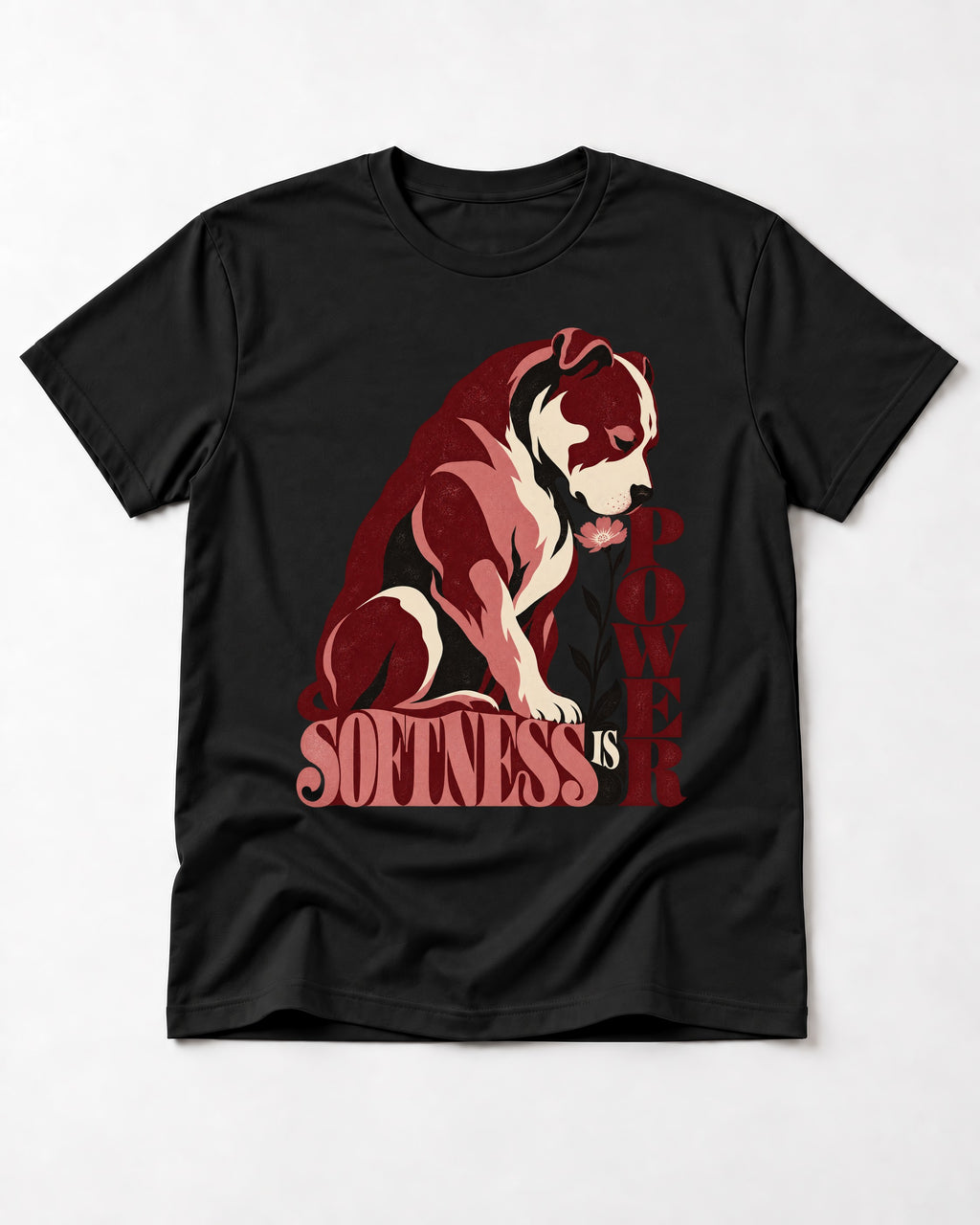 Pitbull Softness Is Power Flower Graphic T-Shirt in Black, flat lay product photo