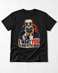 Pug I Want You to Bring Better Energy Uncle Sam Graphic T-Shirt in Black, flat lay product photo