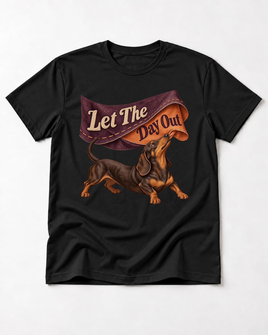 Dachshund Let The Day Out Fabric Banner Graphic T-Shirt in Black, flat lay product photo