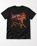 Dachshund Let The Day Out Fabric Banner Graphic T-Shirt in Black, flat lay product photo