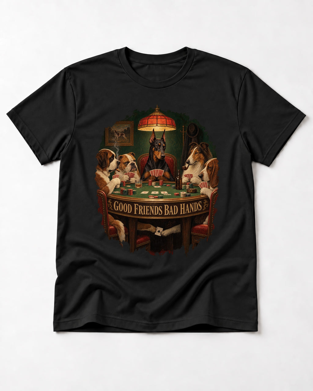 Doberman Good Friends Bad Hands Poker Night Graphic T-Shirt in Black, flat lay product photo