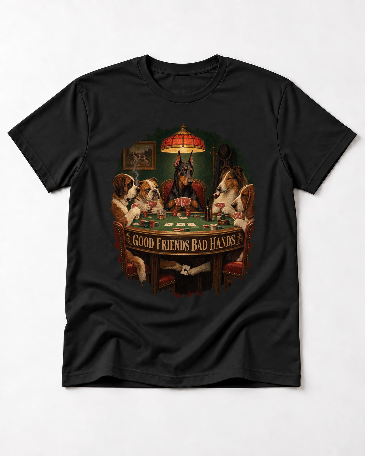 Doberman Good Friends Bad Hands Poker Night Graphic T-Shirt in Black, flat lay product photo
