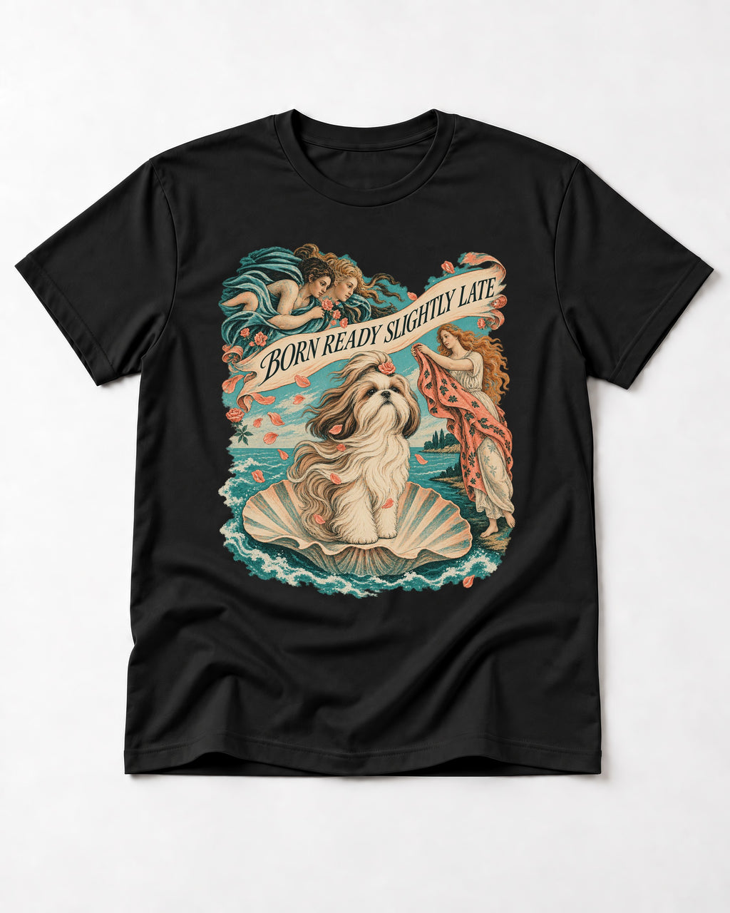 Shih Tzu Born Ready Slightly Late Venus Graphic T-Shirt in Black, flat lay product photo