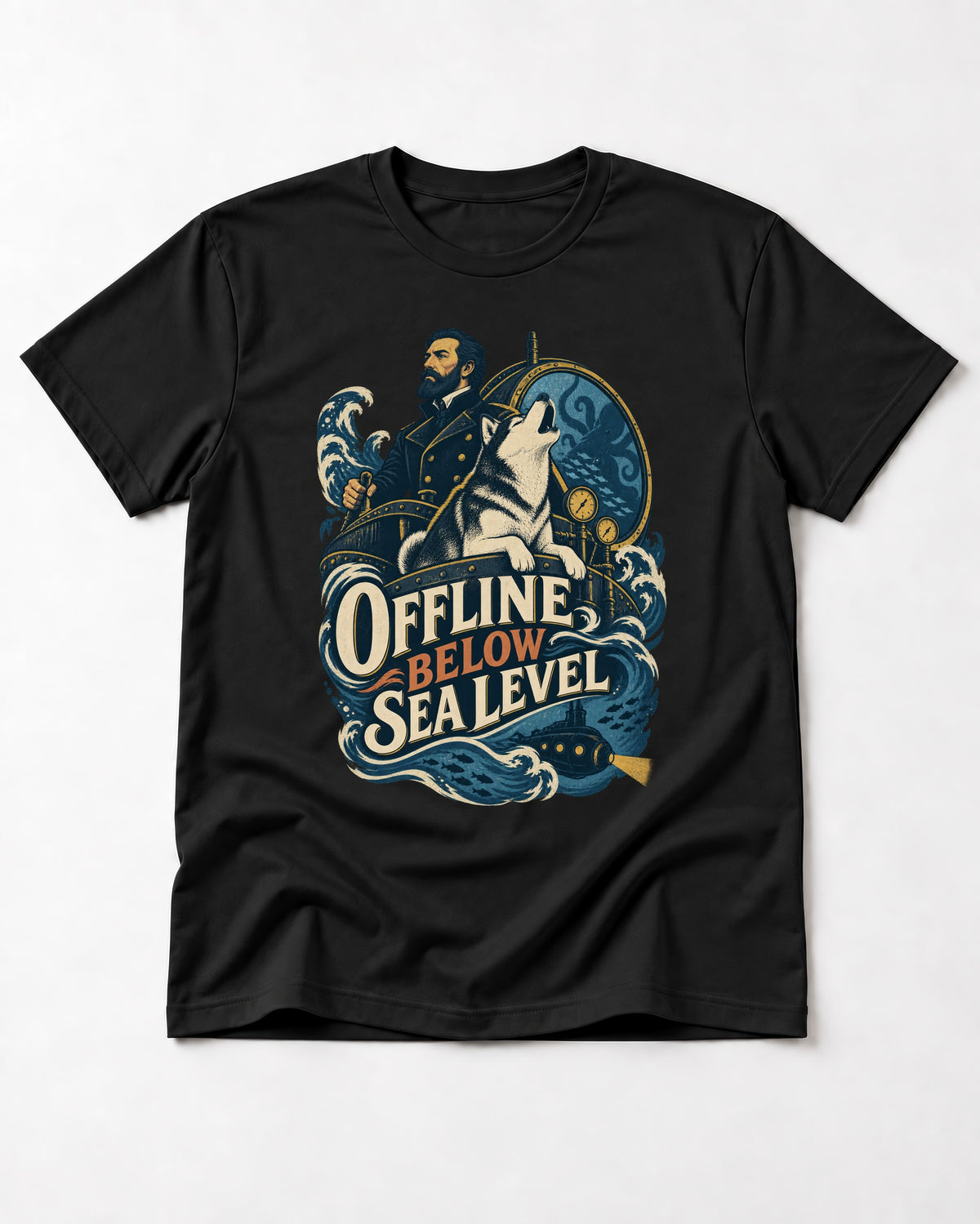 Husky Offline Below Sea Level Nautical Submarine Graphic T-Shirt in Black, flat lay product photo