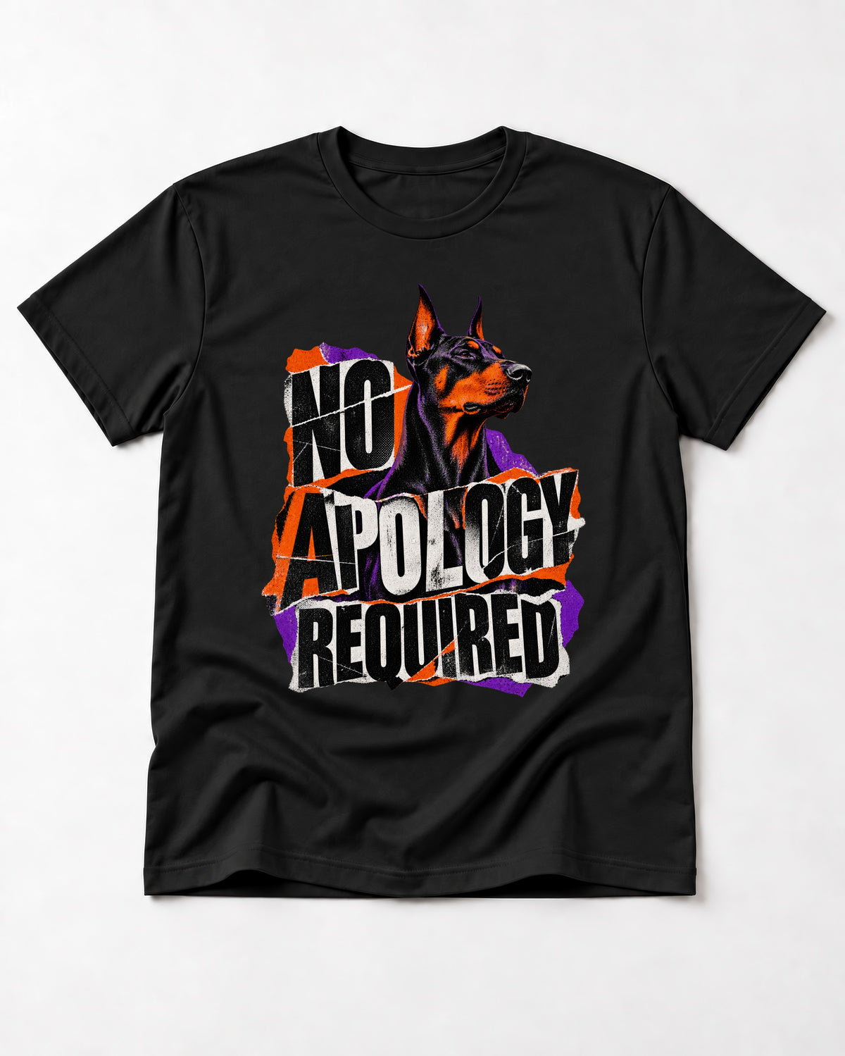 Doberman No Apology Required Torn Paper Graphic T-Shirt in Black, flat lay product photo