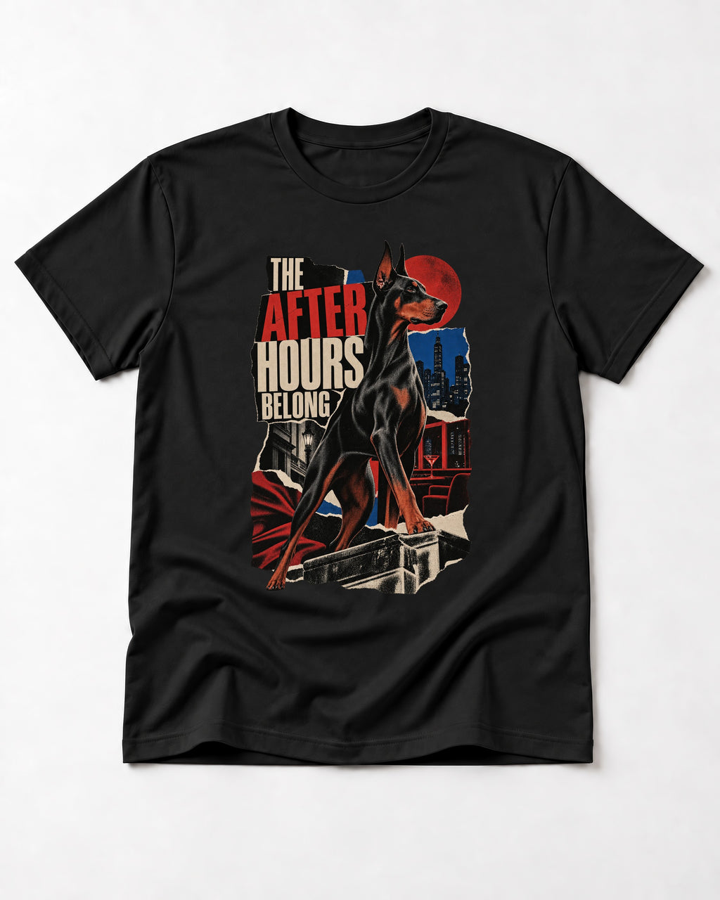 Doberman The After Hours Belong City Collage T-Shirt in Black, flat lay product photo